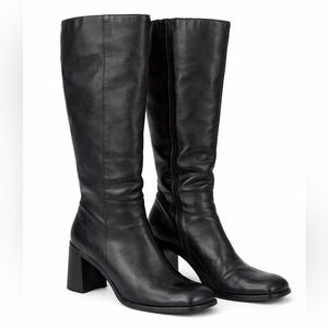Vintage Connie Black Leather Knee High Boots Block Heel 90s Womens 9.5